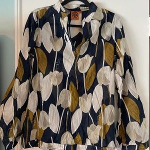 Tory Burch Navy and Mustard Leaf Print Blouse